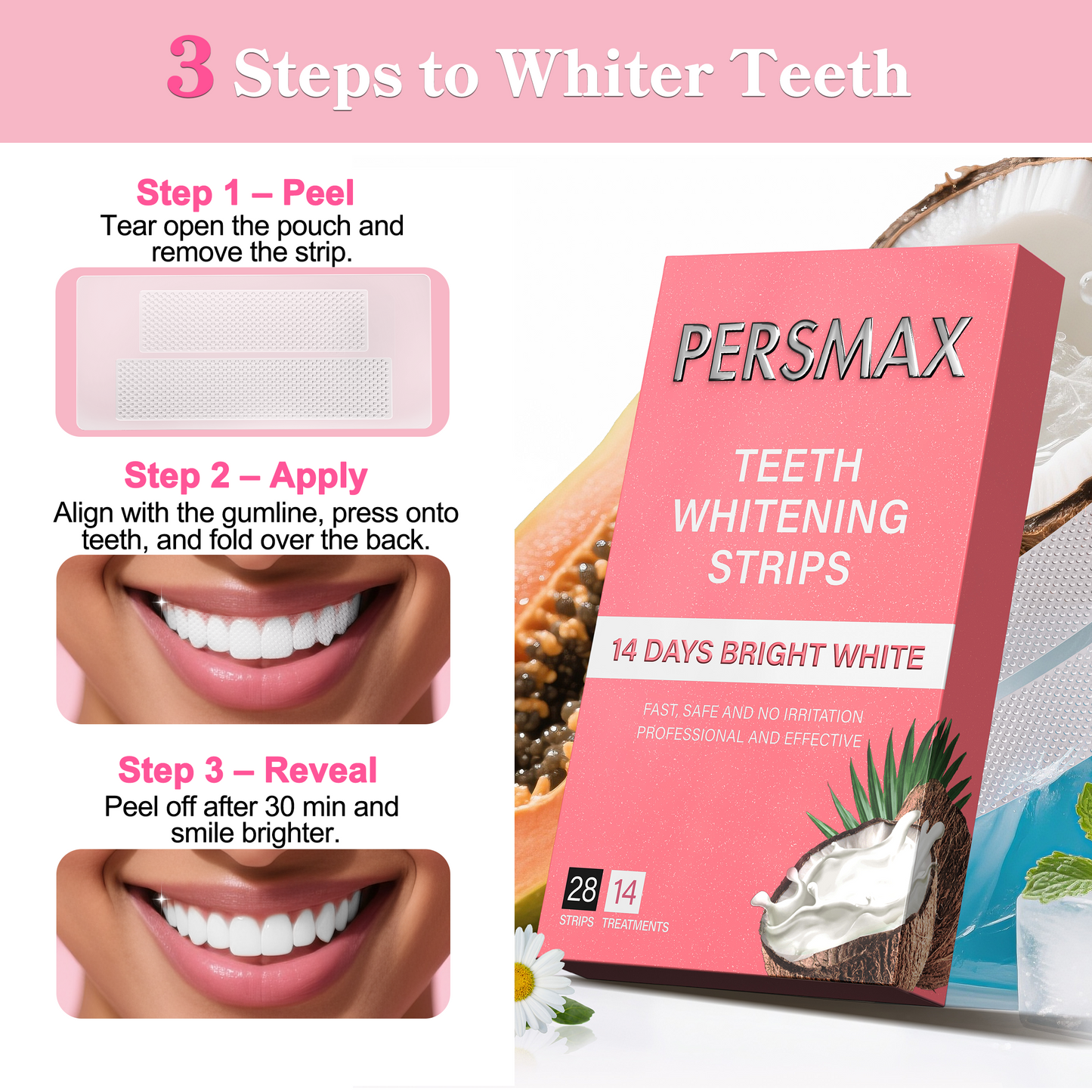 PERSMAX Coconut Flavor Teeth Whitening Strips-14 Treatments 28 Strip