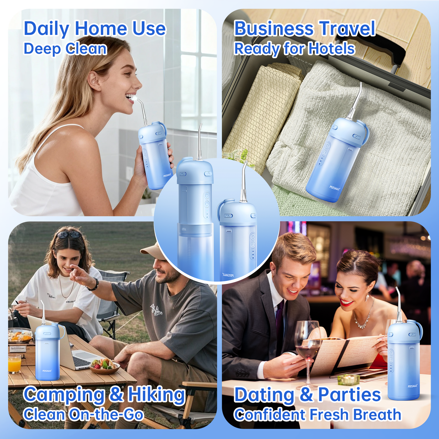 Water Flosser for Orthodontics Teeth Cleaning - Portable Electric Oral Irrigator Pick for Braces, Travel, Kids, with 3 Modes 8 Pressure Settings, 8 Tips, 150ML, IPX7, Gradient Blue