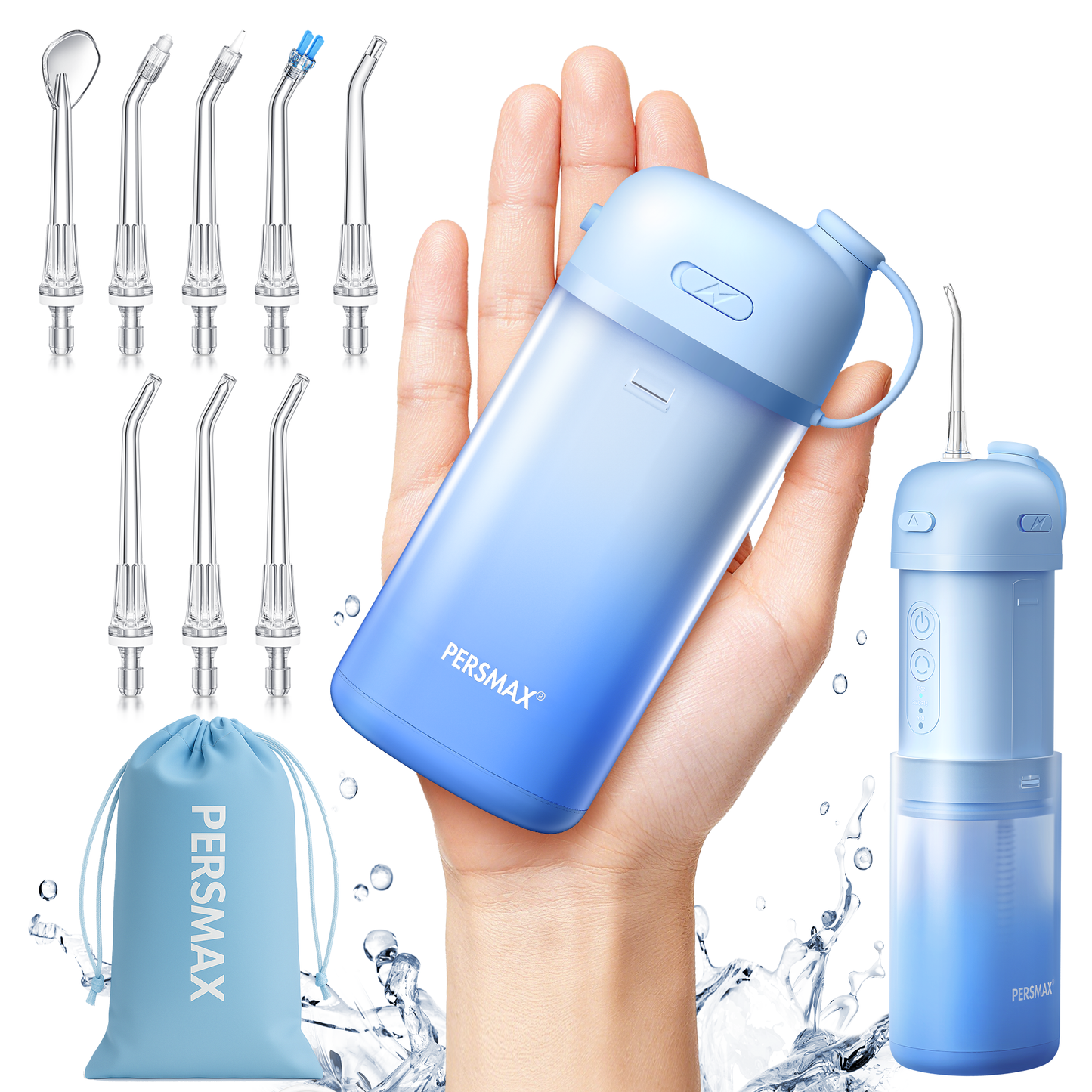 Water Flosser for Orthodontics Teeth Cleaning - Portable Electric Oral Irrigator Pick for Braces, Travel, Kids, with 3 Modes 8 Pressure Settings, 8 Tips, 150ML, IPX7, Gradient Blue
