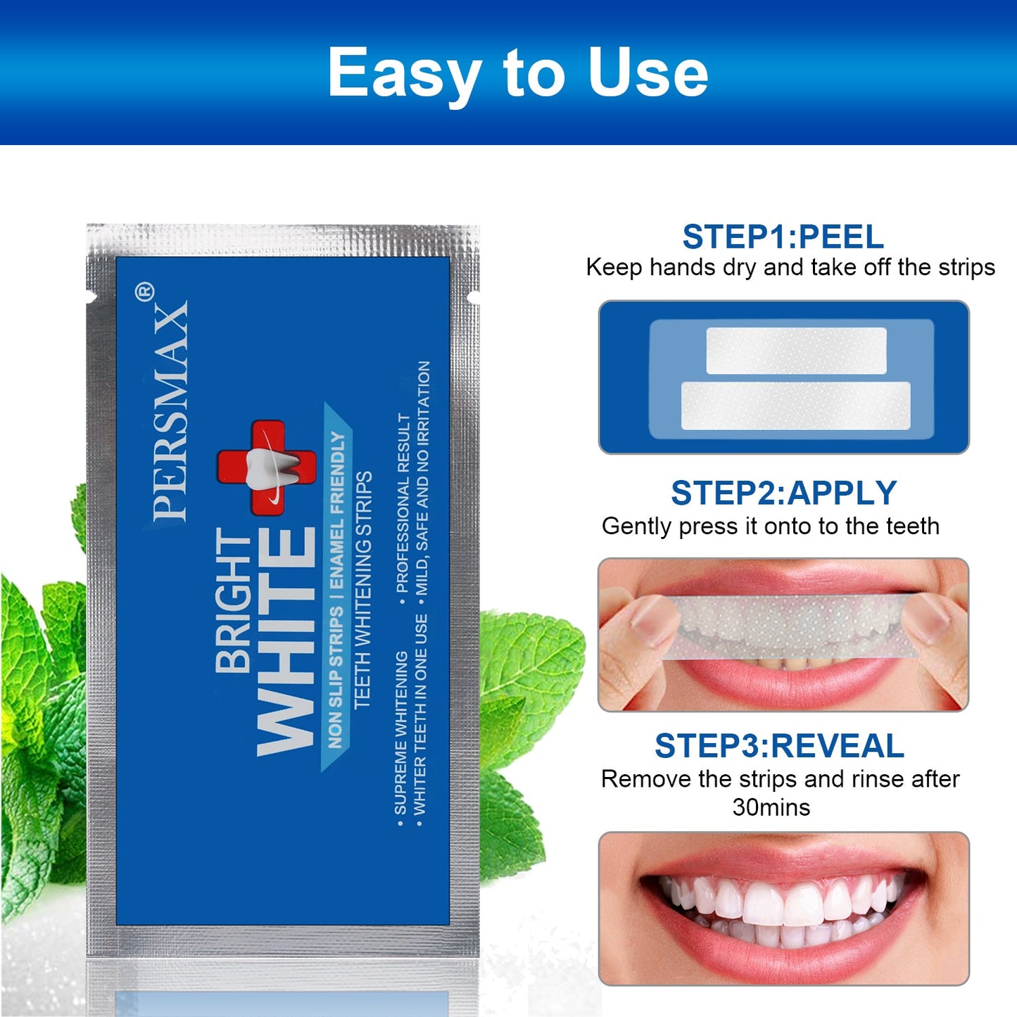 PERSMAX Breath Freshening Strips Mild Mint Teeth Whitening Strips-14 Treatments 28 Strip