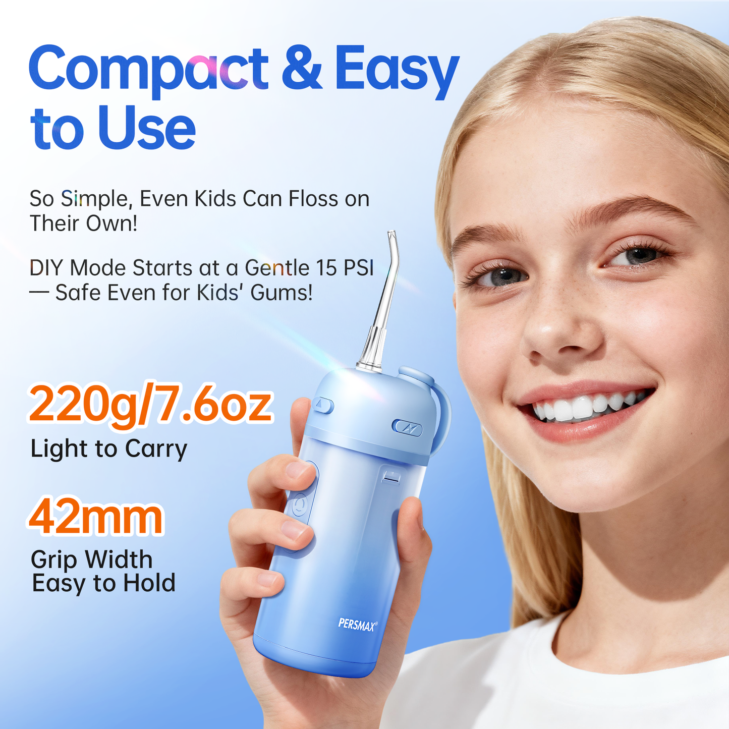 Water Flosser for Orthodontics Teeth Cleaning - Portable Electric Oral Irrigator Pick for Braces, Travel, Kids, with 3 Modes 8 Pressure Settings, 8 Tips, 150ML, IPX7, Gradient Blue