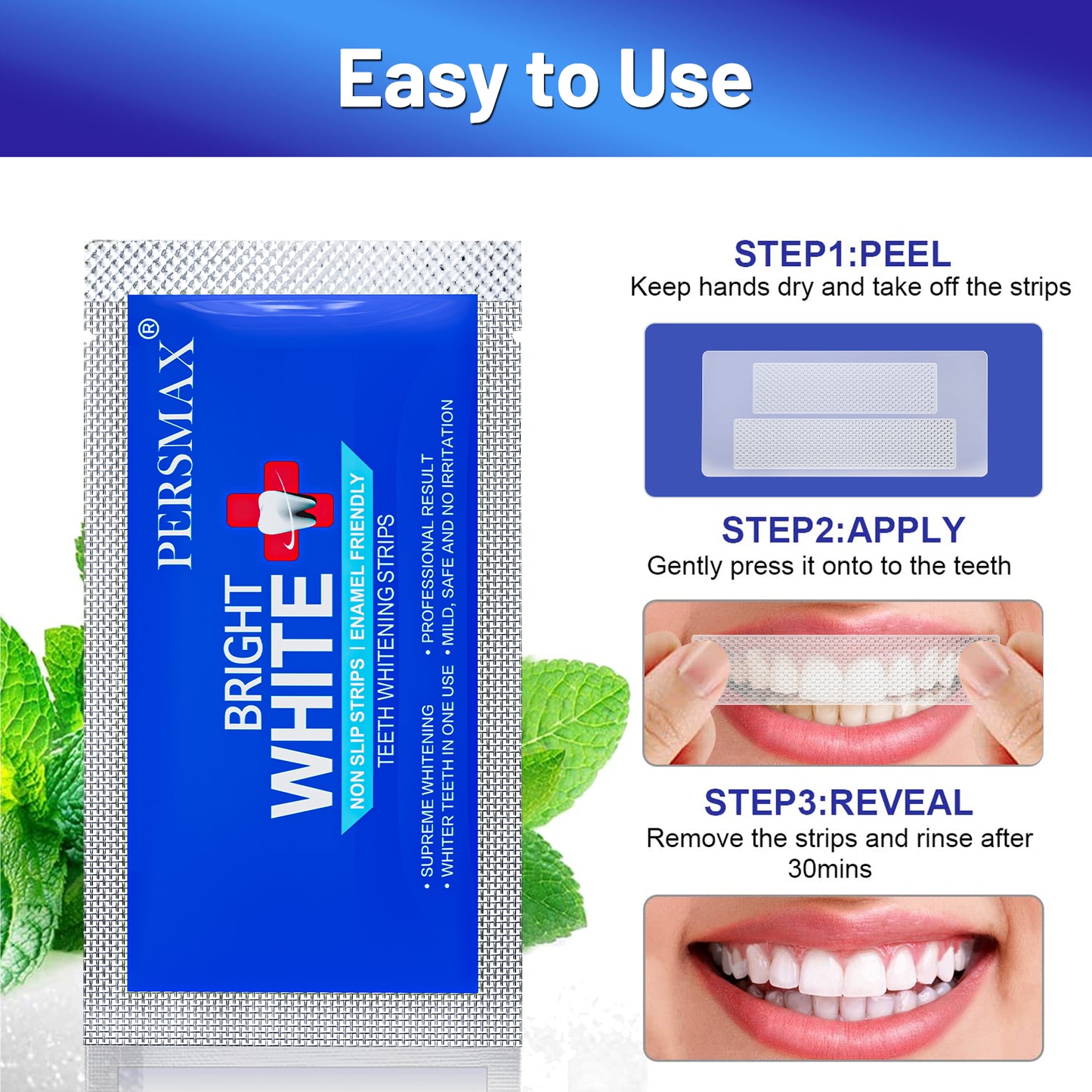 PERSMAX Teeth Whitening Strips – Professional Dentist Approved, Gum-Safe Formula, 28 Non-Slip Strips Kit, 14 Treatment, Pain-Free Express Whitening in 30 Min, Easy to Use for Bright Smile
