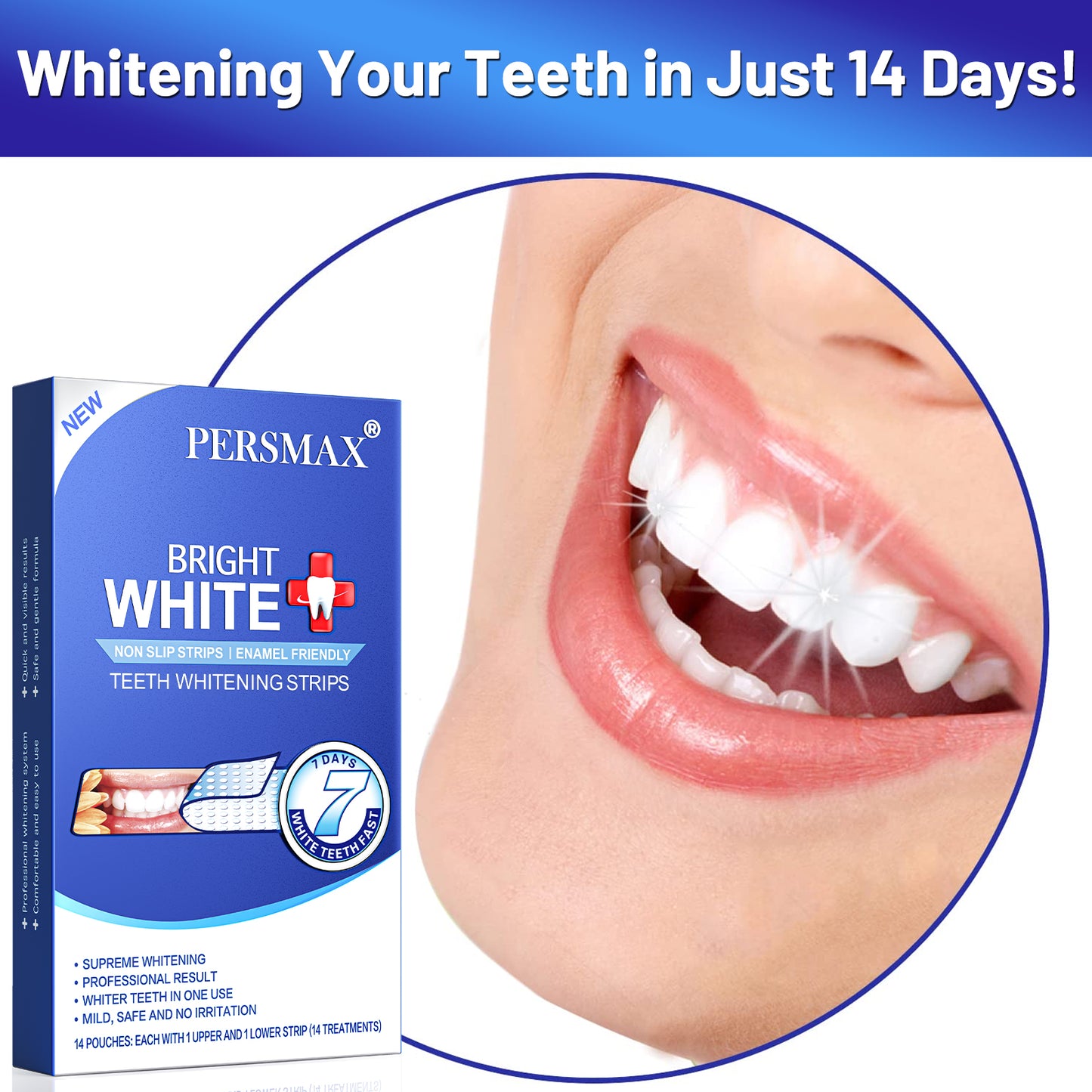 PERSMAX Teeth Whitening Strips – Professional Dentist Approved, Gum-Safe Formula, 28 Non-Slip Strips Kit, 14 Treatment, Pain-Free Express Whitening in 30 Min, Easy to Use for Bright Smile