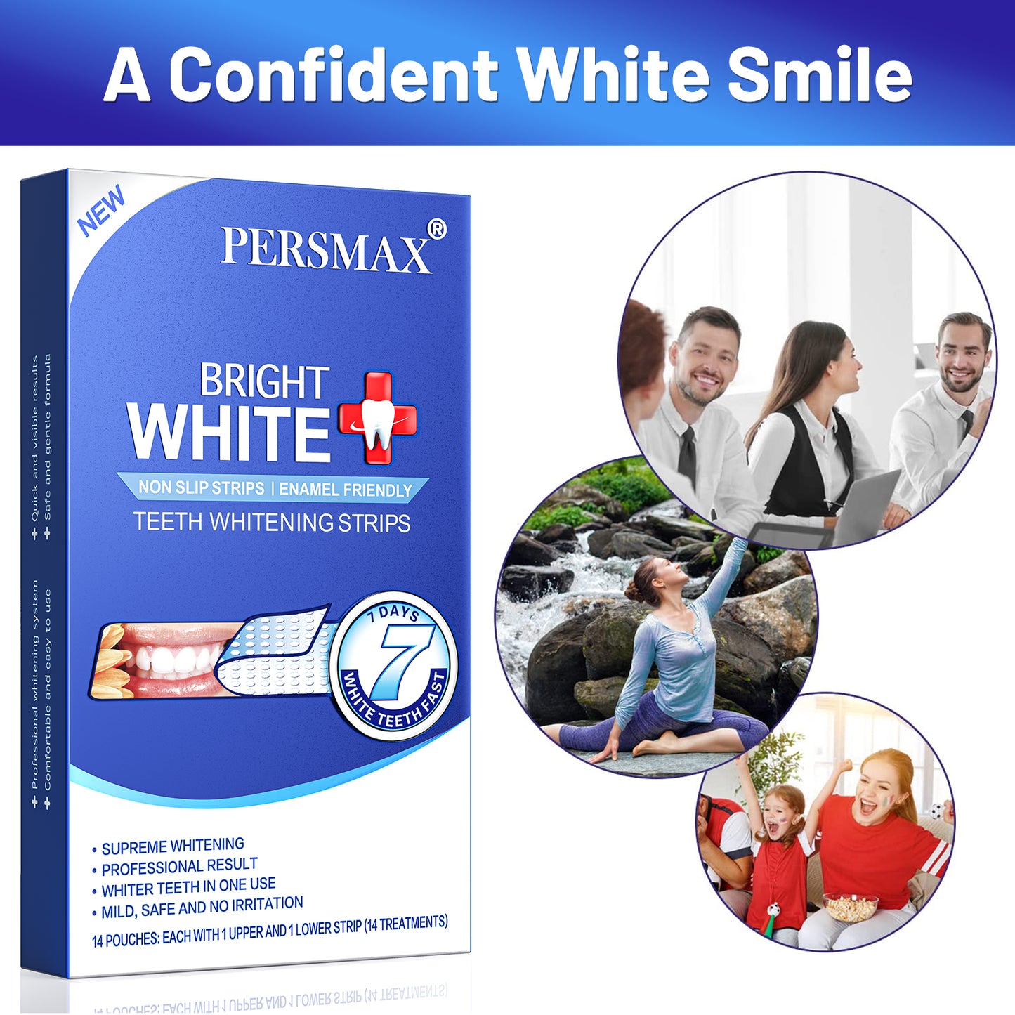 PERSMAX Teeth Whitening Strips – Professional Dentist Approved, Gum-Safe Formula, 28 Non-Slip Strips Kit, 14 Treatment, Pain-Free Express Whitening in 30 Min, Easy to Use for Bright Smile