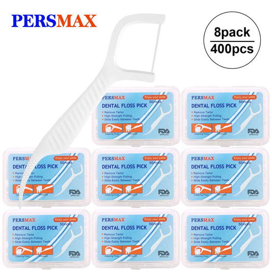 PERSMAX Dental Floss Pick 8pack 400pcs ultra-fine wire to remove teeth gaps family pack adults and children's teeth picking artifact toothpick portable does not hurt teeth