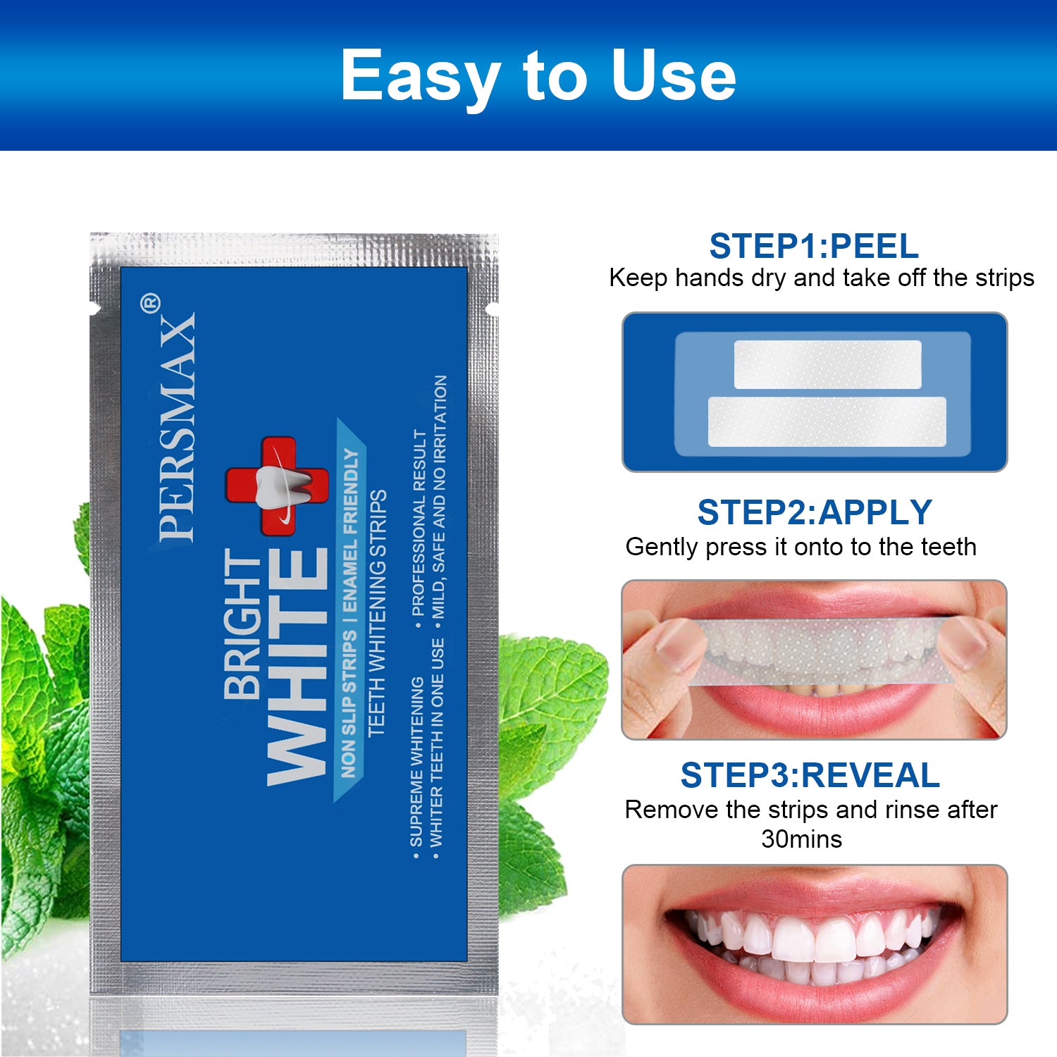 PERSMAX Non-Slip Dental Whitener Professional Effect Whitening Strips, 14 Treatments 28 Strips - PERSMAX